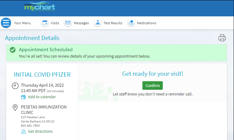 Grid of appointment details within MyChart
